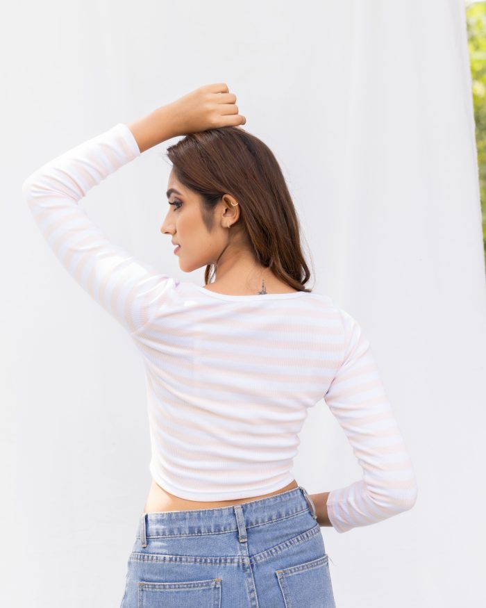Pink Stripe Long Sleeve Crop Top