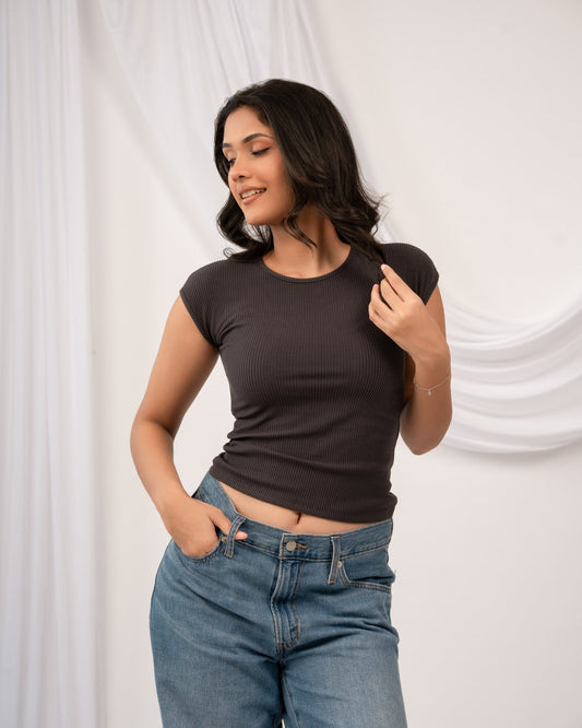 Rhea Ribbed Top - Charcoal Grey