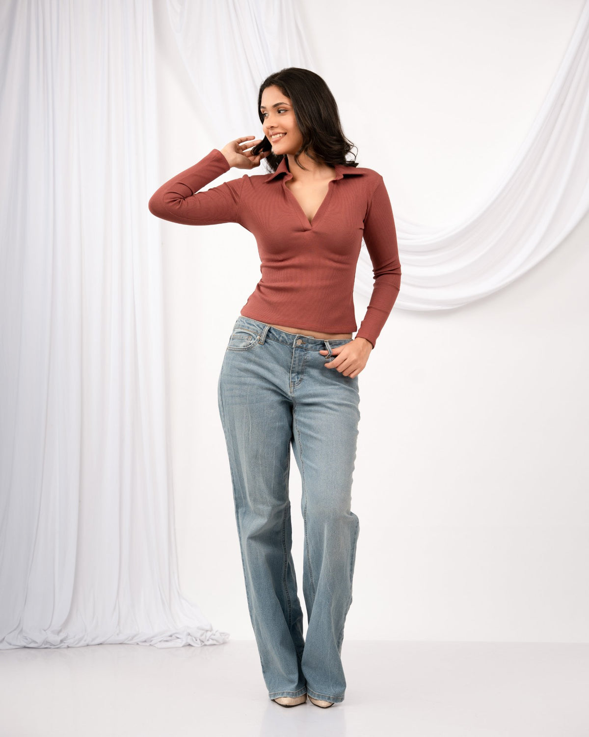 Collar Long Sleeve Top – Rust