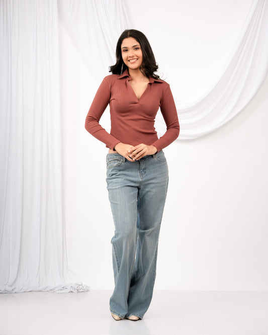Collar Long Sleeve Top – Rust