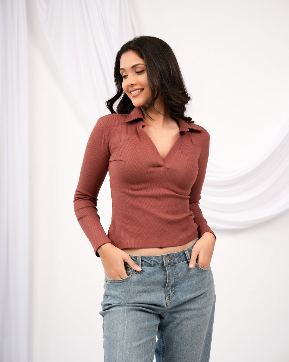 Collar Long Sleeve Top – Rust