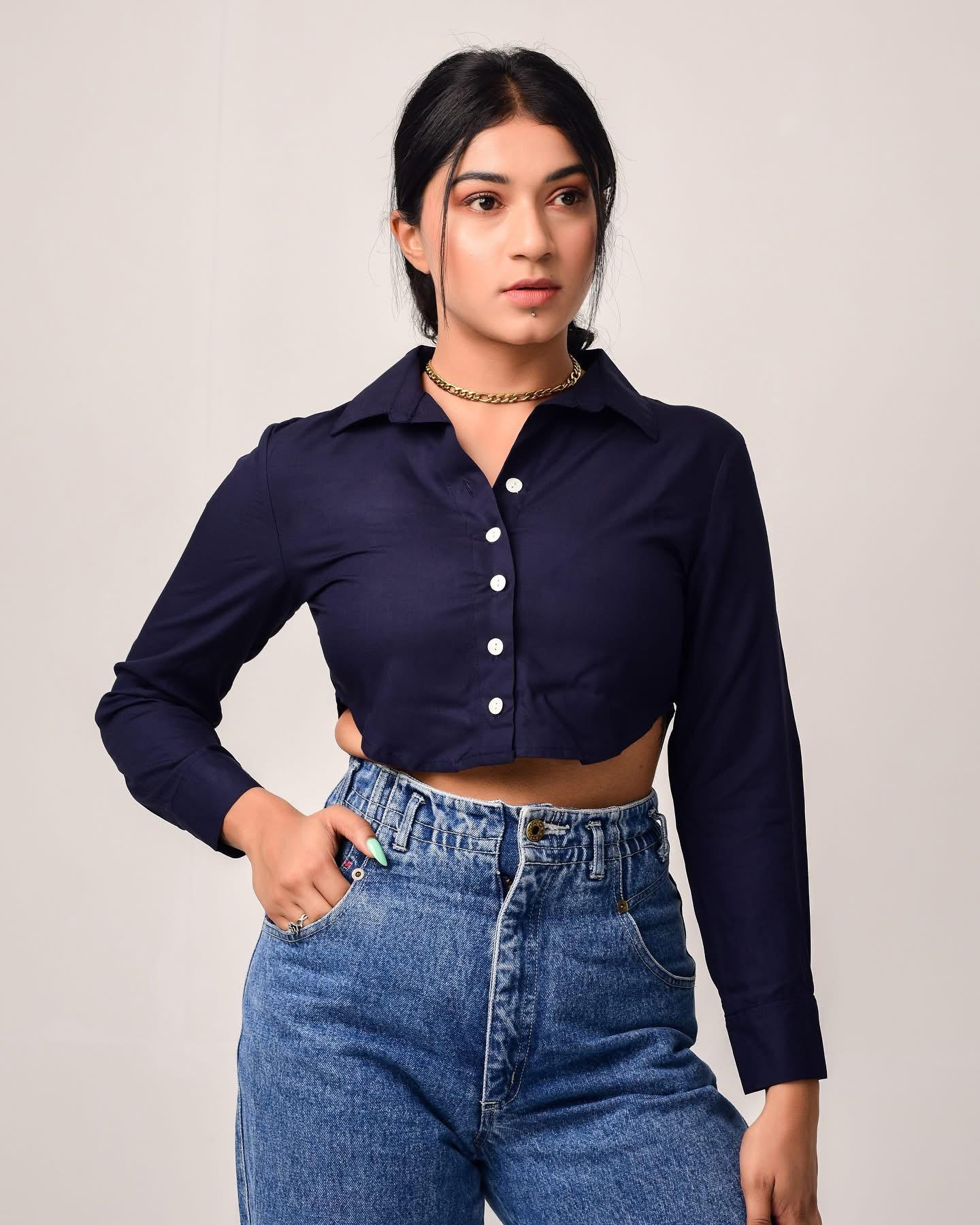Solid Button Down Crop Shirt