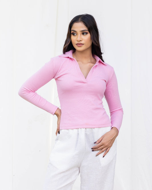 Collared Long Sleeve Top – Pink
