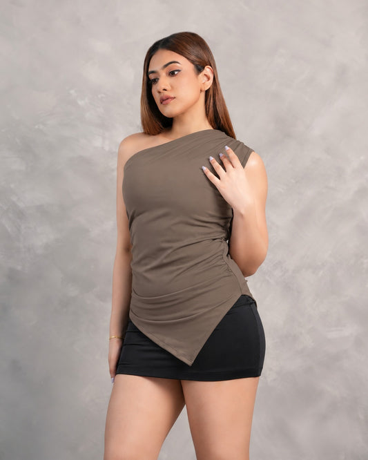 Amara One-Shoulder Top - Ash Brown